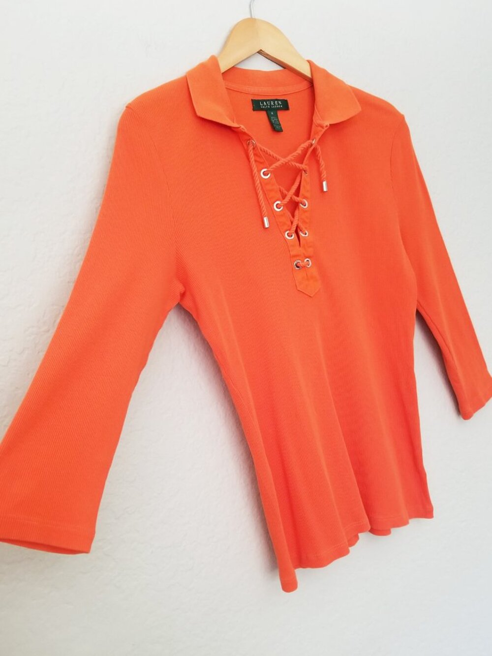 Lauren Ralph Lauren Orange Rope Laced Up Rib Knit Polo Top M Coastal Nautical